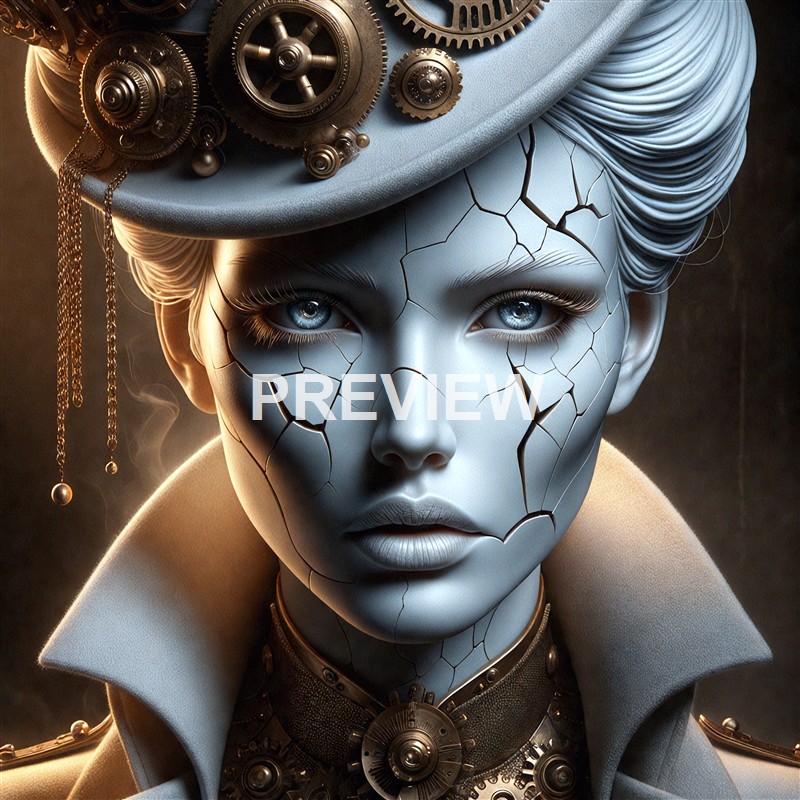 A humanoid female figure with cracked, stone-like skin and piercing blue eyes, wearing a steampunk-inspired hat adorned with gears and chains, with her face and neck showing a blend of organic and mechanical elements.
